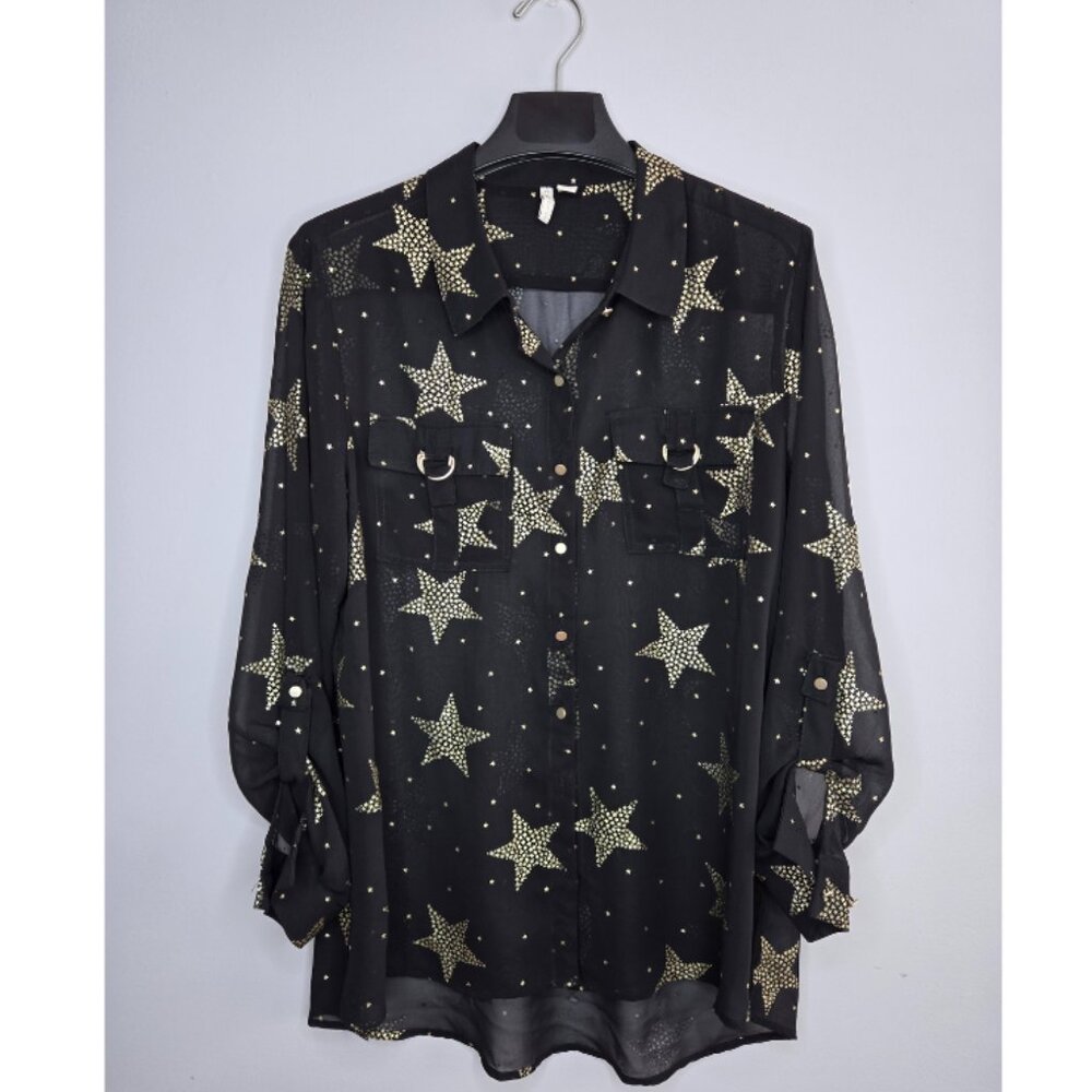 Cato Black Sheer Blouse with Gold Star Print Size L